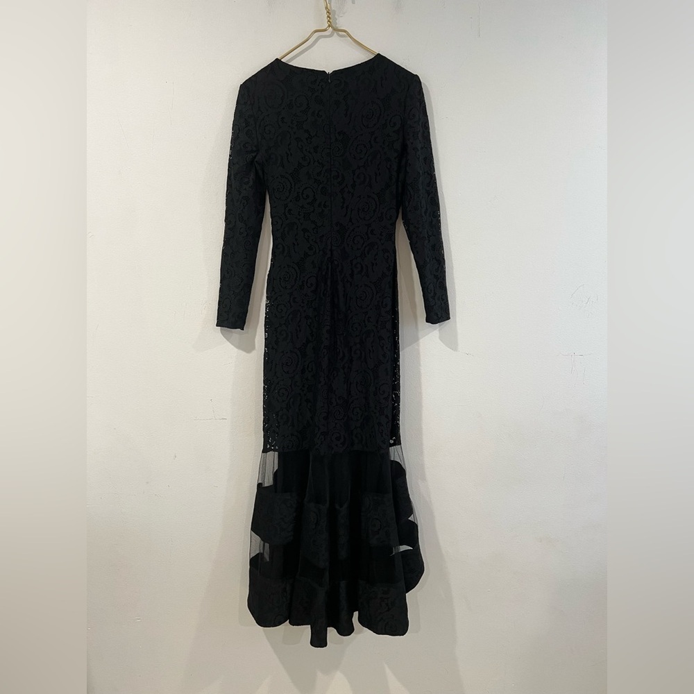 Ralph Lauren Womens Fluted Lace Gown Dress Long Sleeve Striped Hem Evening 2 - Picture 8 of 15